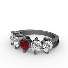 5 Taşlı Yüzük - Garnet, beyaz zirkon ve swarovski 925 ayar siyah rodyum kaplama gümüş yüzük #1202scf