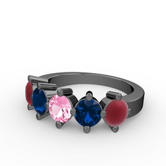 5 Taşlı Yüzük - Pembe kuvars, lab safir ve kök yakut 925 ayar siyah rodyum kaplama gümüş yüzük #1215fh6