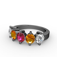 Rodolit garnet, sitrin ve swarovski 925 ayar siyah rodyum kaplama gümüş yüzük