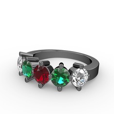 5 Taşlı Yüzük - Garnet, yeşil kuvars ve swarovski 925 ayar siyah rodyum kaplama gümüş yüzük #12ql0w5