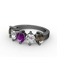 5 Taşlı Yüzük - Ametist, swarovski ve dumanlı kuvars 925 ayar siyah rodyum kaplama gümüş yüzük #12sg1cn