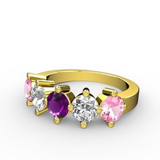 5 Taşlı Yüzük - Ametist, swarovski ve pembe kuvars 925 ayar altın kaplama gümüş yüzük #12vwqmv