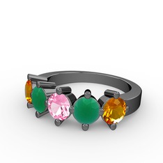 5 Taşlı Yüzük - Pembe kuvars, kök zümrüt ve sitrin 925 ayar siyah rodyum kaplama gümüş yüzük #12wdm8u