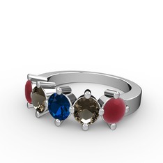 5 Taşlı Yüzük - Lab safir, dumanlı kuvars ve kök yakut 14 ayar beyaz altın yüzük #136qs2u