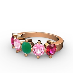 5 Taşlı Yüzük - Kök zümrüt, pembe kuvars ve rodolit garnet 18 ayar rose altın yüzük #137mn36