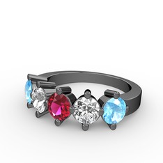 5 Taşlı Yüzük - Rodolit garnet, pırlanta ve akuamarin 925 ayar siyah rodyum kaplama gümüş yüzük (1.32 karat) #1399h2n