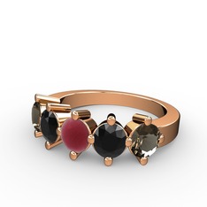 5 Taşlı Yüzük - Kök yakut, siyah zirkon ve dumanlı kuvars 18 ayar rose altın yüzük #141vvs1