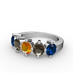 5 Taşlı Yüzük - Sitrin, dumanlı kuvars ve lab safir 18 ayar beyaz altın yüzük #1474npe