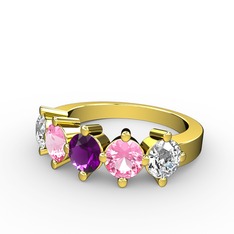 5 Taşlı Yüzük - Ametist, pembe kuvars ve swarovski 14 ayar altın yüzük #14dk80r