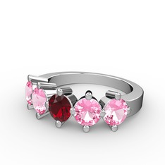 5 Taşlı Yüzük - Garnet ve pembe kuvars 18 ayar beyaz altın yüzük #14qvn65