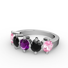 5 Taşlı Yüzük - Ametist, siyah zirkon ve pembe kuvars 14 ayar beyaz altın yüzük #1510ccz