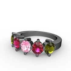 5 Taşlı Yüzük - Pembe kuvars, rodolit garnet ve peridot 925 ayar siyah rodyum kaplama gümüş yüzük #155qgqa