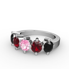 Pembe kuvars, garnet ve siyah zirkon 8 ayar beyaz altın yüzük