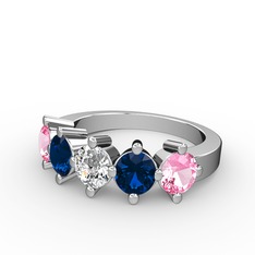 5 Taşlı Yüzük - Swarovski, lab safir ve pembe kuvars 18 ayar beyaz altın yüzük #15bmvvu