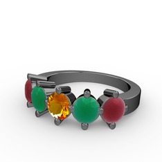 5 Taşlı Yüzük - Sitrin, kök zümrüt ve kök yakut 925 ayar siyah rodyum kaplama gümüş yüzük #15dicnp