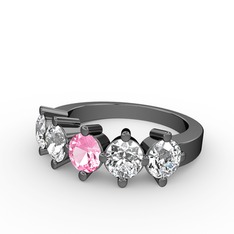 5 Taşlı Yüzük - Pembe kuvars, pırlanta ve beyaz zirkon 925 ayar siyah rodyum kaplama gümüş yüzük (1.32 karat) #15r1kb4