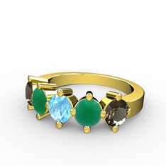 5 Taşlı Yüzük - Akuamarin, kök zümrüt ve dumanlı kuvars 8 ayar altın yüzük #161m8n2