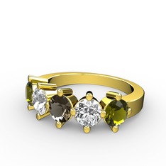 5 Taşlı Yüzük - Dumanlı kuvars, swarovski ve peridot 14 ayar altın yüzük #166e85t