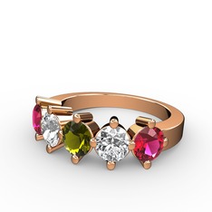 5 Taşlı Yüzük - Peridot, swarovski ve rodolit garnet 14 ayar rose altın yüzük #16ao249