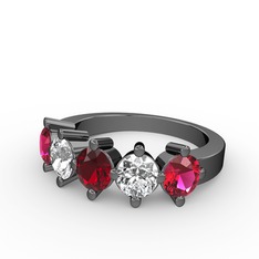 5 Taşlı Yüzük - Garnet, beyaz zirkon ve rodolit garnet 925 ayar siyah rodyum kaplama gümüş yüzük #16lpfuu