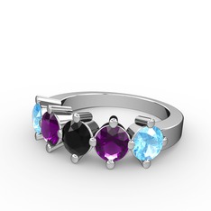 5 Taşlı Yüzük - Siyah zirkon, ametist ve akuamarin 14 ayar beyaz altın yüzük #1717ut0