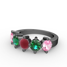 5 Taşlı Yüzük - Kök yakut, yeşil kuvars ve pembe kuvars 925 ayar siyah rodyum kaplama gümüş yüzük #17f6jom