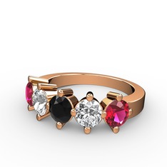 5 Taşlı Yüzük - Siyah zirkon, pırlanta ve rodolit garnet 18 ayar rose altın yüzük (1.32 karat) #18bjtte