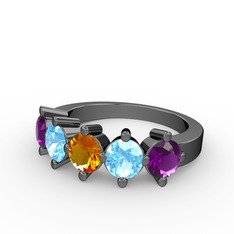 5 Taşlı Yüzük - Sitrin, akuamarin ve ametist 925 ayar siyah rodyum kaplama gümüş yüzük #18r9y9y