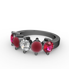 5 Taşlı Yüzük - Beyaz zirkon, kök yakut ve rodolit garnet 925 ayar siyah rodyum kaplama gümüş yüzük #195oben