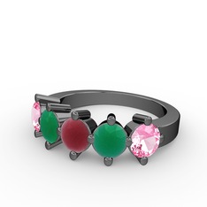 5 Taşlı Yüzük - Kök yakut, kök zümrüt ve pembe kuvars 925 ayar siyah rodyum kaplama gümüş yüzük #1aguazk