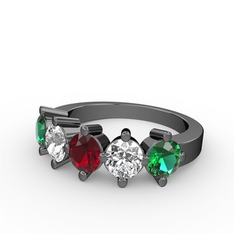 5 Taşlı Yüzük - Garnet, swarovski ve yeşil kuvars 925 ayar siyah rodyum kaplama gümüş yüzük #1ajvyt8