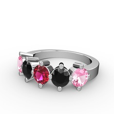 5 Taşlı Yüzük - Rodolit garnet, siyah zirkon ve pembe kuvars 18 ayar beyaz altın yüzük #1b5lb8r