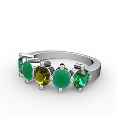 5 Taşlı Yüzük - Peridot, kök zümrüt ve yeşil kuvars 8 ayar beyaz altın yüzük #1bh51kz