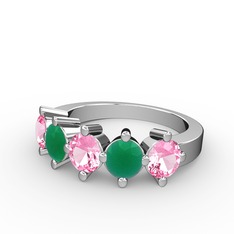 5 Taşlı Yüzük - Pembe kuvars ve kök zümrüt 18 ayar beyaz altın yüzük #1cle4x6