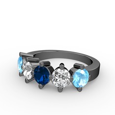 5 Taşlı Yüzük - Lab safir, pırlanta ve akuamarin 925 ayar siyah rodyum kaplama gümüş yüzük (1.32 karat) #1cs0ua8