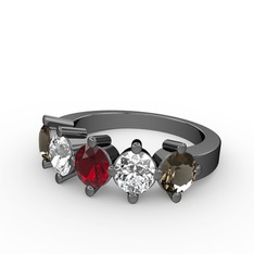 5 Taşlı Yüzük - Garnet, swarovski ve dumanlı kuvars 925 ayar siyah rodyum kaplama gümüş yüzük #1cudyal