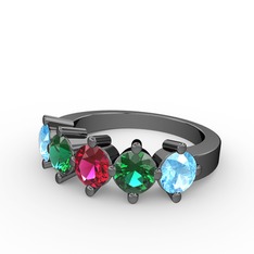5 Taşlı Yüzük - Rodolit garnet, yeşil kuvars ve akuamarin 925 ayar siyah rodyum kaplama gümüş yüzük #1d5b6jd