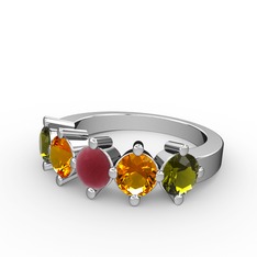 5 Taşlı Yüzük - Kök yakut, sitrin ve peridot 18 ayar beyaz altın yüzük #1d5fnxl