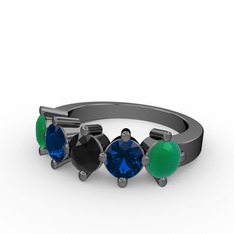 5 Taşlı Yüzük - Siyah zirkon, lab safir ve kök zümrüt 925 ayar siyah rodyum kaplama gümüş yüzük #1d7sa06