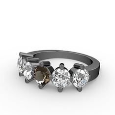 5 Taşlı Yüzük - Dumanlı kuvars, pırlanta ve beyaz zirkon 925 ayar siyah rodyum kaplama gümüş yüzük (1.32 karat) #1d8zde0