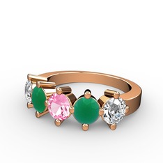 5 Taşlı Yüzük - Pembe kuvars, kök zümrüt ve swarovski 8 ayar rose altın yüzük #1dyf3ku