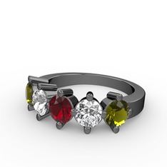 5 Taşlı Yüzük - Garnet, pırlanta ve peridot 925 ayar siyah rodyum kaplama gümüş yüzük (1.32 karat) #1f8ca51