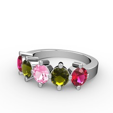 Pembe kuvars, peridot ve rodolit garnet 14 ayar beyaz altın yüzük