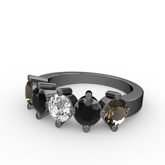 5 Taşlı Yüzük - Pırlanta, siyah zirkon ve dumanlı kuvars 925 ayar siyah rodyum kaplama gümüş yüzük (0.66 karat) #1h0fiu5