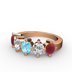 Akuamarin, beyaz zirkon ve kök yakut 14 ayar rose altın yüzük