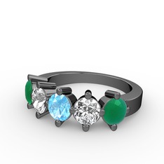 Akuamarin, swarovski ve kök zümrüt 925 ayar siyah rodyum kaplama gümüş yüzük