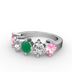 5 Taşlı Yüzük - Kök zümrüt, pırlanta ve pembe kuvars 14 ayar beyaz altın yüzük (1.32 karat) #1hb9xsq
