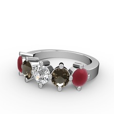 5 Taşlı Yüzük - Beyaz zirkon, dumanlı kuvars ve kök yakut 14 ayar beyaz altın yüzük #1hdmco0
