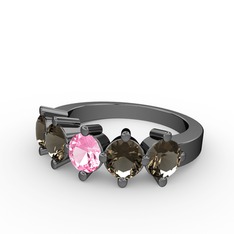 5 Taşlı Yüzük - Pembe kuvars ve dumanlı kuvars 925 ayar siyah rodyum kaplama gümüş yüzük #1hup9ha