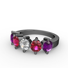 Beyaz zirkon, rodolit garnet ve ametist 925 ayar siyah rodyum kaplama gümüş yüzük